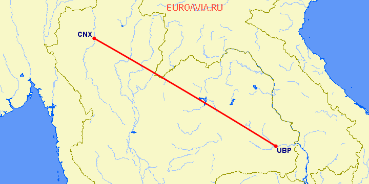 перелет Чианг Май — Убон Ратчатхани на карте
