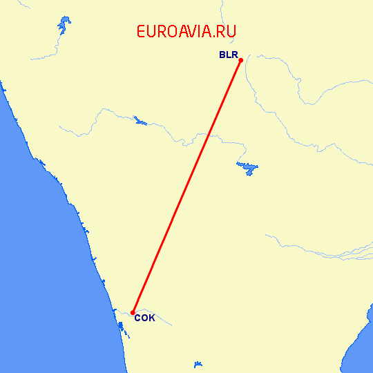 перелет Кочи — Бангалор на карте