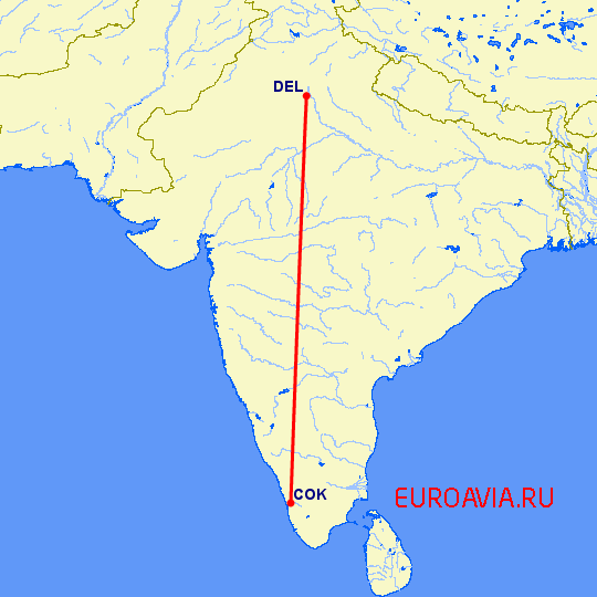 перелет Кочи — Нью Дели на карте