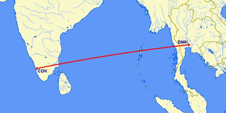 перелет Кочи — Бангкок на карте