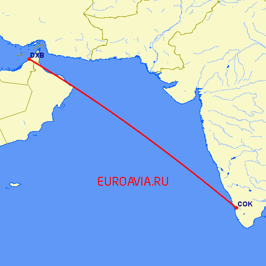 перелет Кочи — Дубай на карте