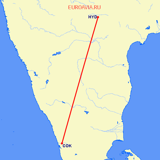 перелет Кочи — Хидерабад на карте