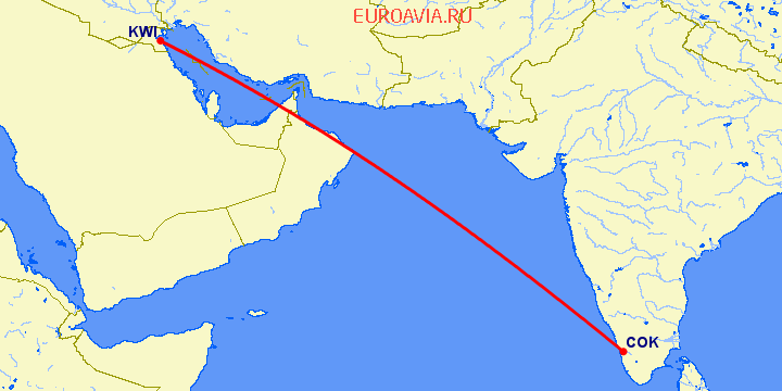 перелет Кочи — Кувейт на карте