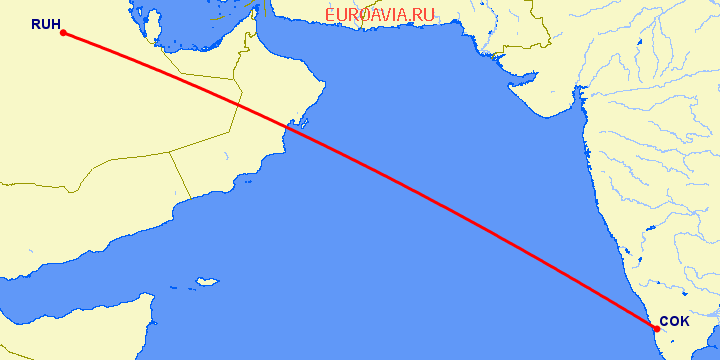 перелет Кочи — Эр Рияд на карте