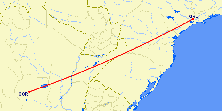 перелет Кордова — Сан Паулу на карте