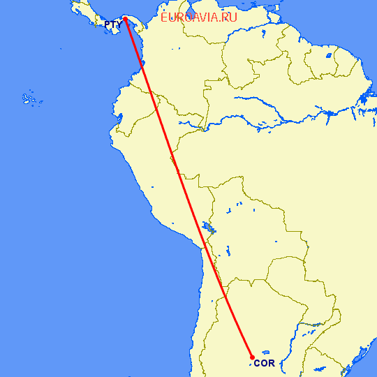 перелет Кордова — Панама Сити на карте