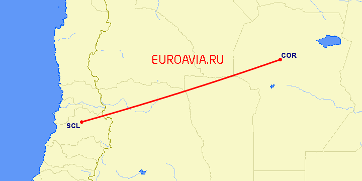 перелет Кордова — Сантьяго на карте