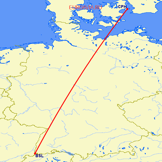перелет Копенгаген — Базель-Мюлуз на карте