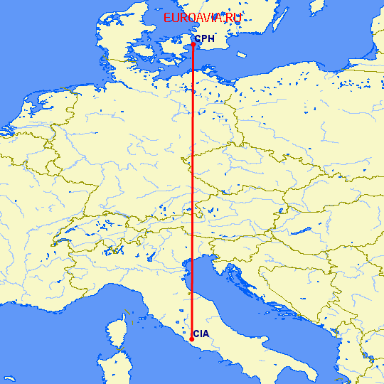 перелет Копенгаген — Рим на карте