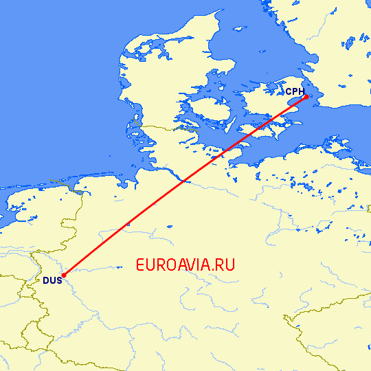 перелет Копенгаген — Дюссельдорф на карте