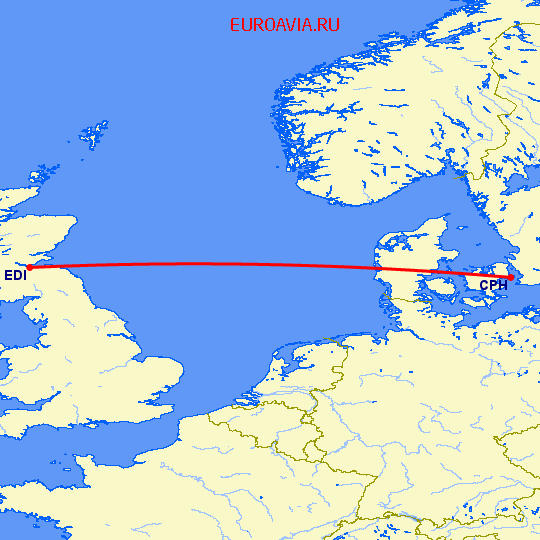 перелет Копенгаген — Эдинбург на карте