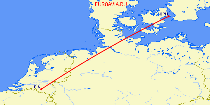 перелет Копенгаген — Эйндховен на карте