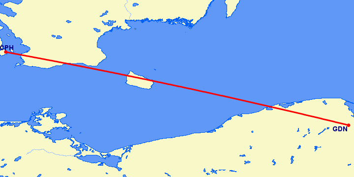перелет Копенгаген — Гданьск на карте