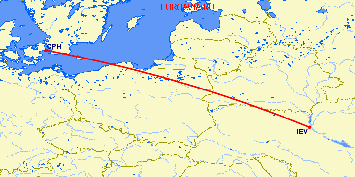 перелет Копенгаген — Киев на карте