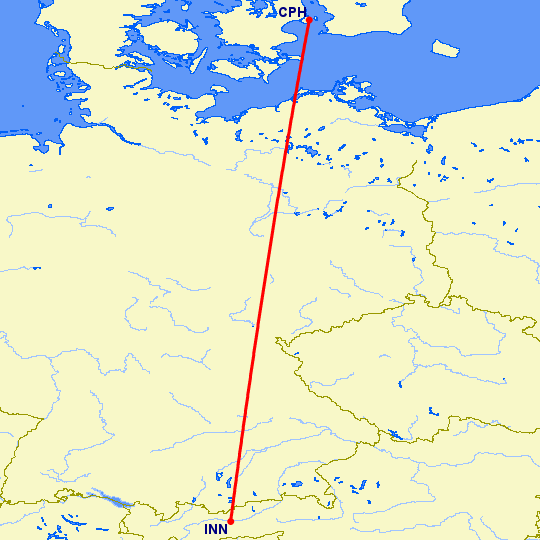 перелет Копенгаген — Инсбрук на карте
