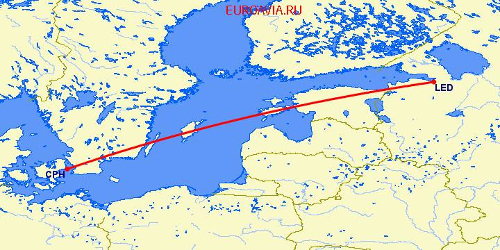 перелет Копенгаген — Санкт Петербург на карте