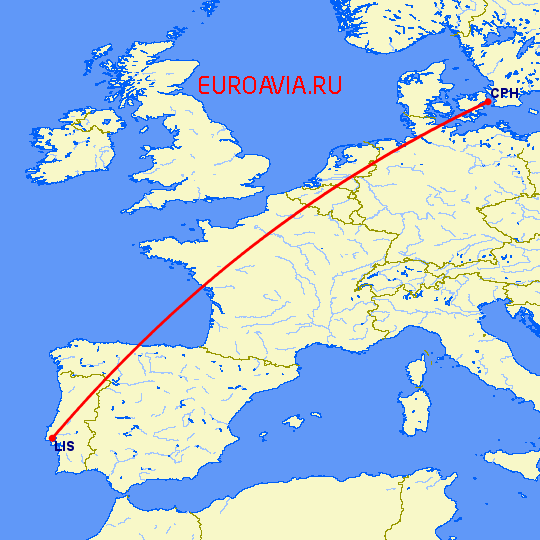 перелет Копенгаген — Лиссабон на карте