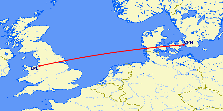 перелет Копенгаген — Ливерпуль на карте