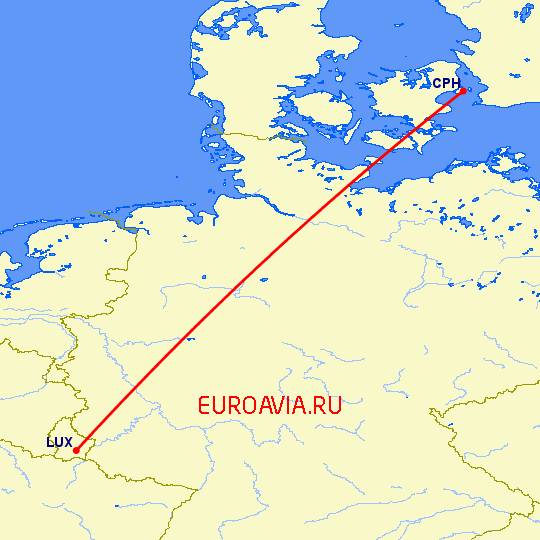 перелет Копенгаген — Люксембург на карте