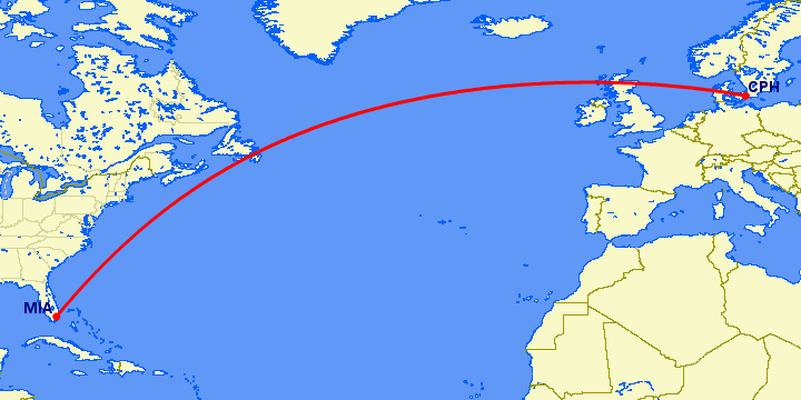 перелет Копенгаген — Майами на карте