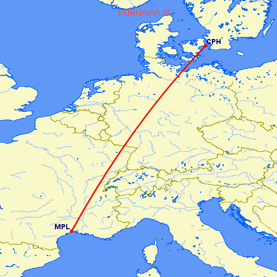 перелет Копенгаген — Монпелье на карте