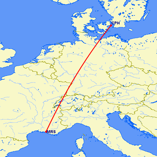 перелет Копенгаген — Марсель на карте