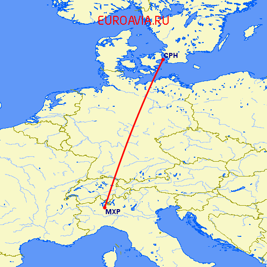 перелет Копенгаген — Милан на карте