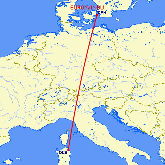 перелет Копенгаген — Ольбия на карте