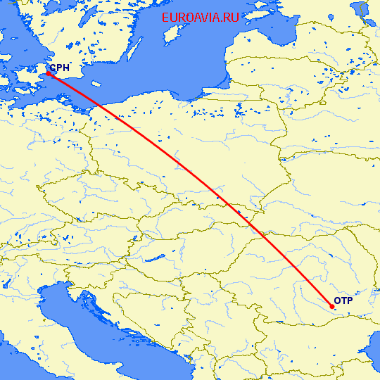 перелет Копенгаген — Бухарест на карте