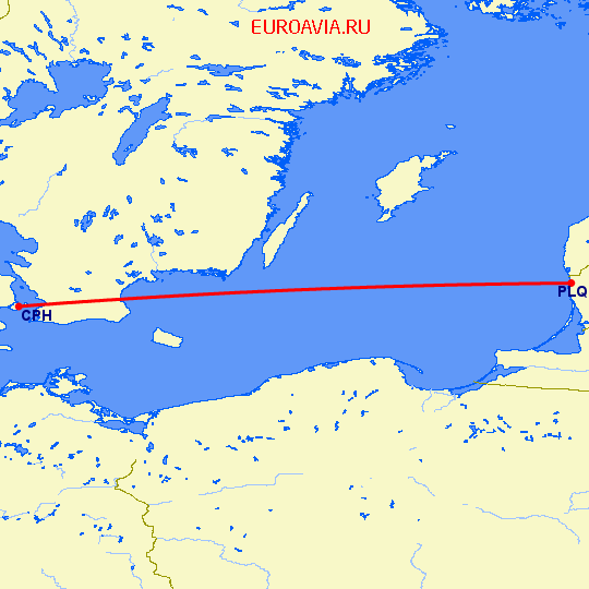 перелет Копенгаген — Клайпеда-Паланга на карте