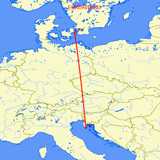 перелет Копенгаген — Пула на карте