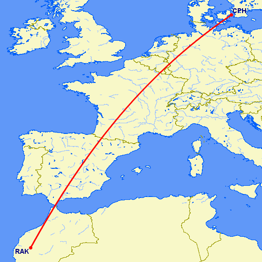 перелет Копенгаген — Марракеш на карте