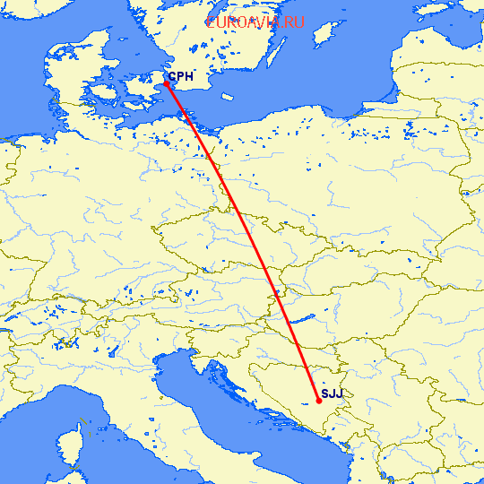 перелет Копенгаген — Сараево на карте