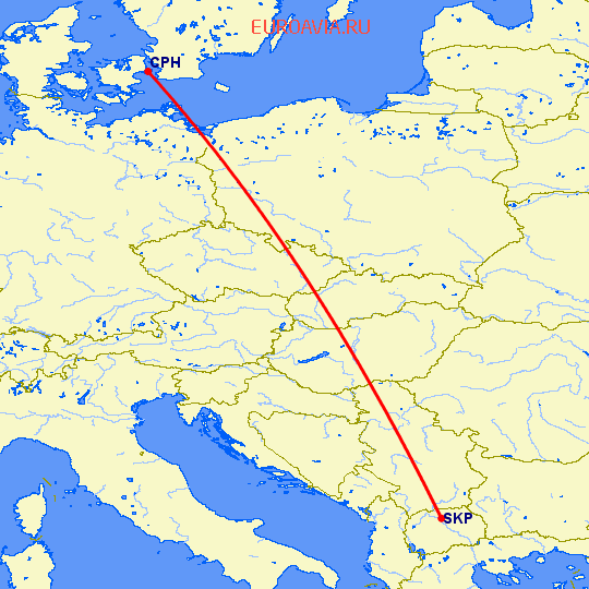 перелет Копенгаген — Скопье на карте