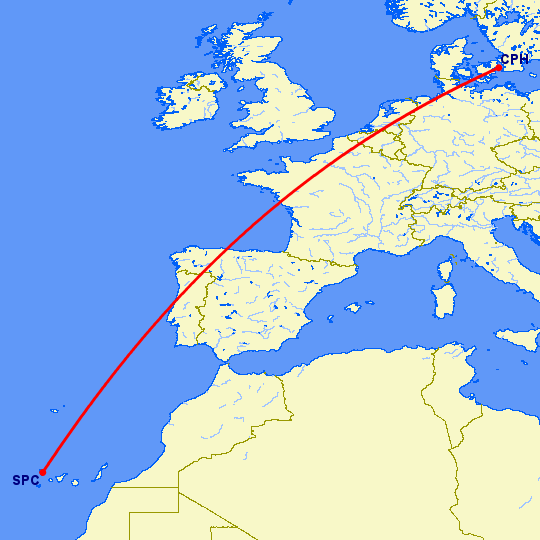 перелет Копенгаген — Санта Крус де Ла Пальма на карте