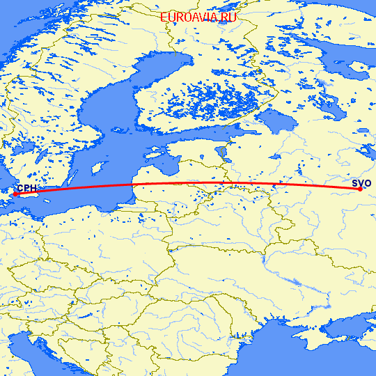 перелет Копенгаген — Москва на карте