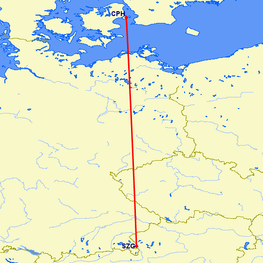 перелет Копенгаген — Зальцбург на карте