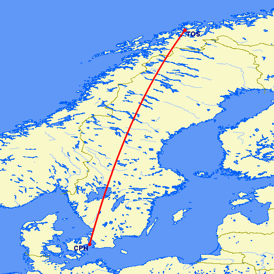 перелет Копенгаген — Тромсо на карте