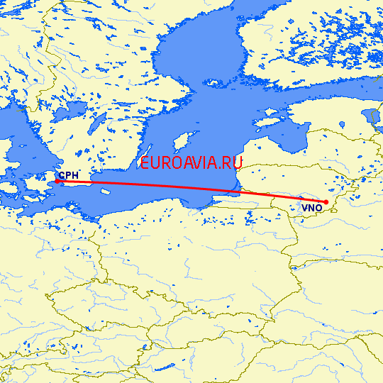 перелет Копенгаген — Вильнюс на карте