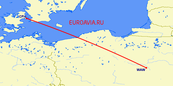 перелет Копенгаген — Варшава на карте