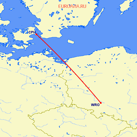 перелет Копенгаген — Вроцлав на карте
