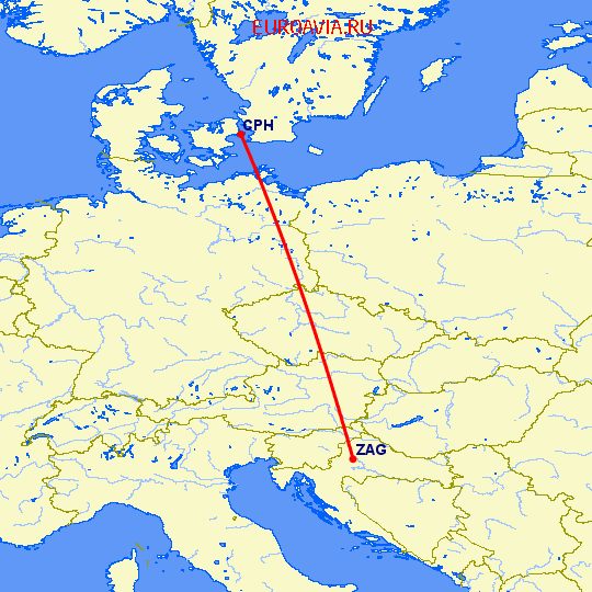 перелет Копенгаген — Загреб на карте