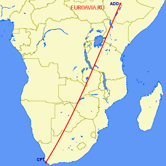 перелет Кейптаун — Аддис Абеба на карте