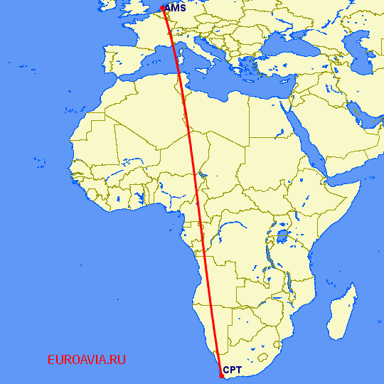 перелет Кейптаун — Амстердам на карте