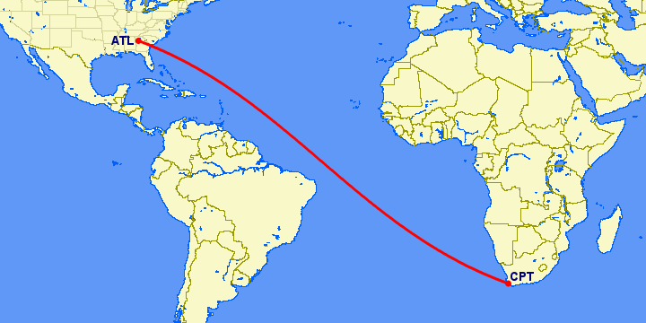 перелет Кейптаун — Атланта на карте