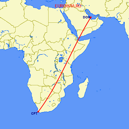 перелет Кейптаун — Доха на карте