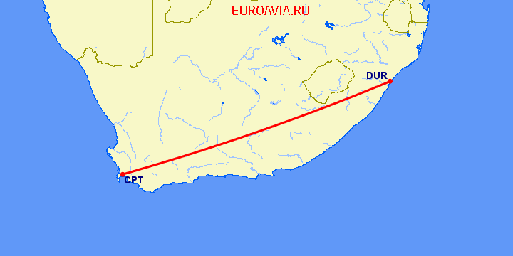 перелет Кейптаун — Дурбан на карте