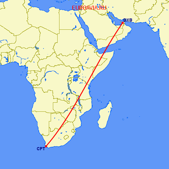 перелет Кейптаун — Дубай на карте