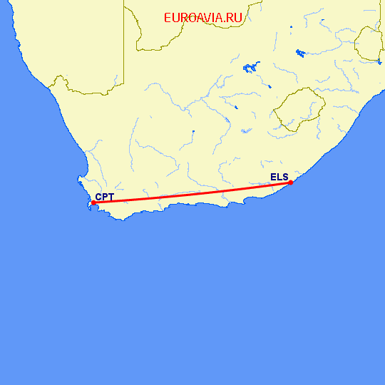 перелет Кейптаун — Ист Лондон на карте