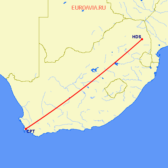 перелет Кейптаун — Hoedspruit на карте